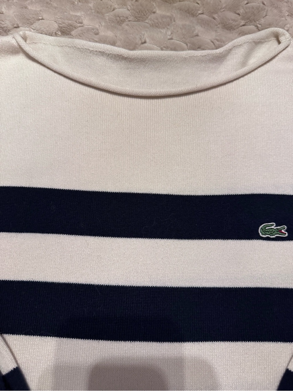 Lacoste Navy, White & Red/orange Striped Boatneck Sweater sz lg/xl - Picture 2 of 4